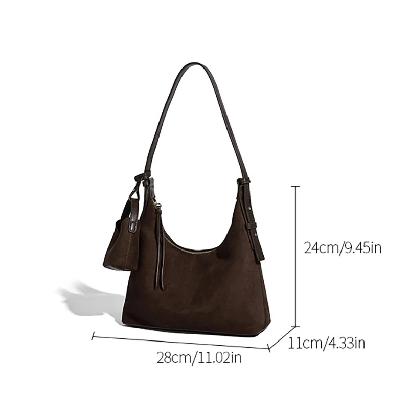 2025 Fall Winter Faux Suede Pillow Tote Vintage Spacious Single Shoulder Handheld Bag Women Casual Commuting Small Bag Pendant