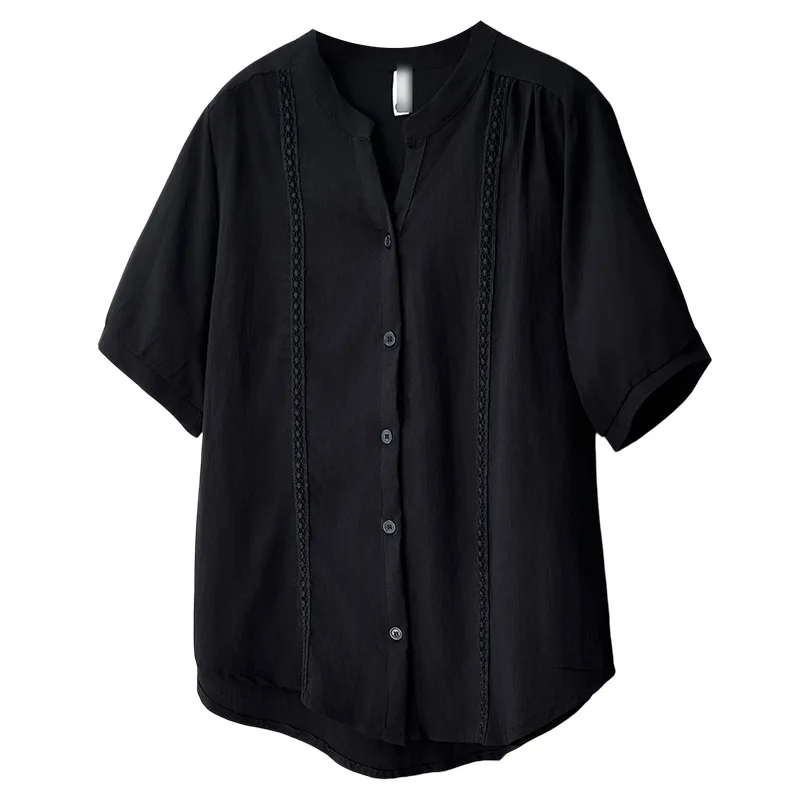2026 Summer Plus Size V Neck Lace Splicing Open Blouse Short Sleeve Casual Daily Shirt Curvy Ladies 2626