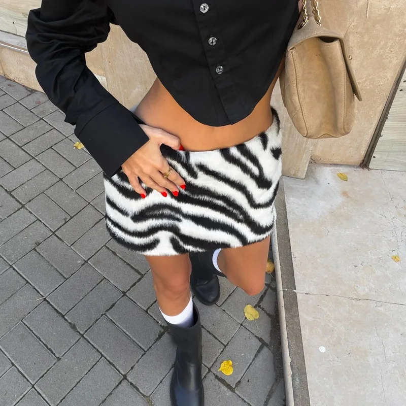 Talenza Y2K Zebra Print Mini Skirt Women Plush Fuzzy High Waist Bodycon Short Skirt Autumn Winter Party Streetwear Lady Bottoms