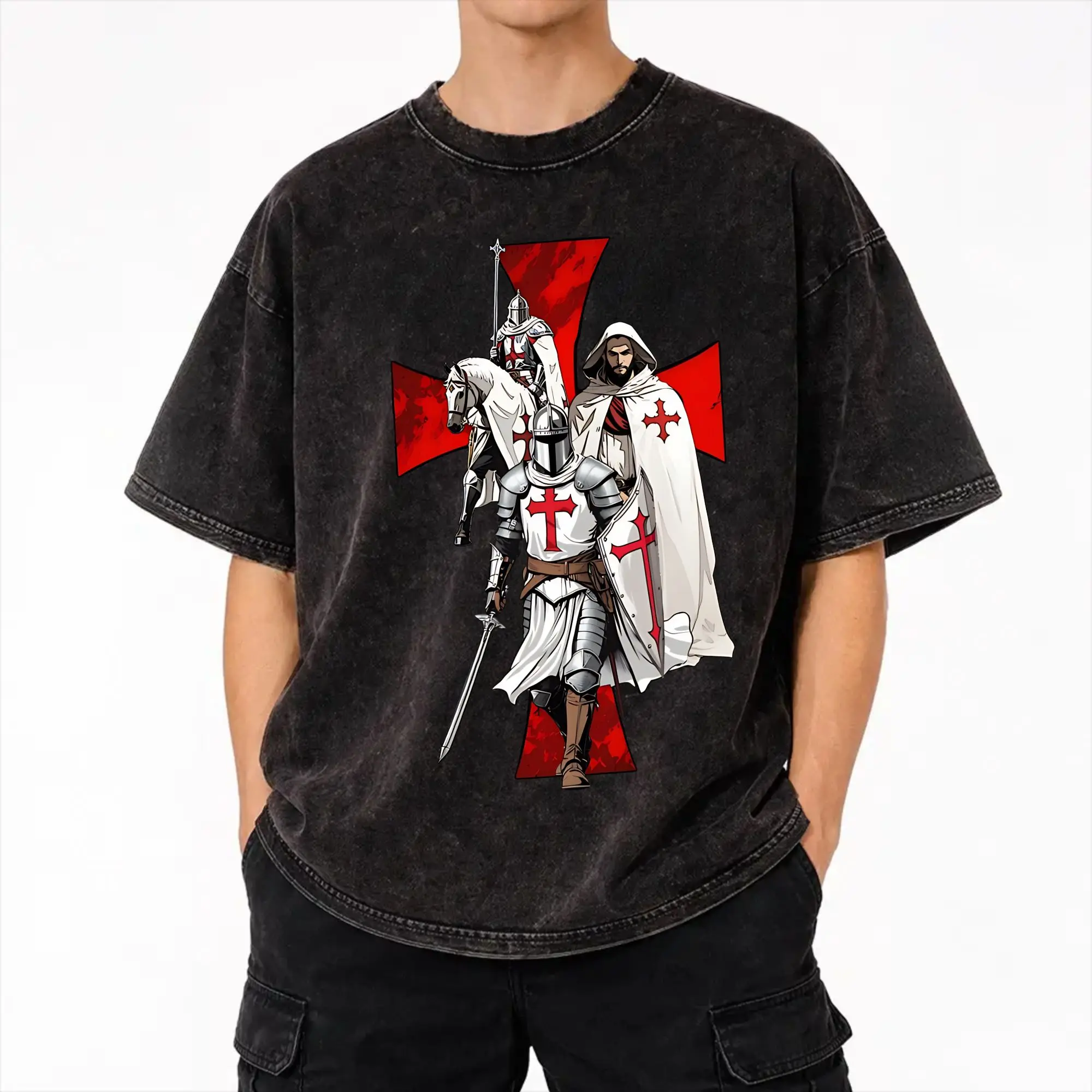 Harajuku Washed Shirts Deus Vult - The Templar Knight Merch Novelty T Shirt Harajuku  Streetwear 100% Cotton Printed Tops Tees