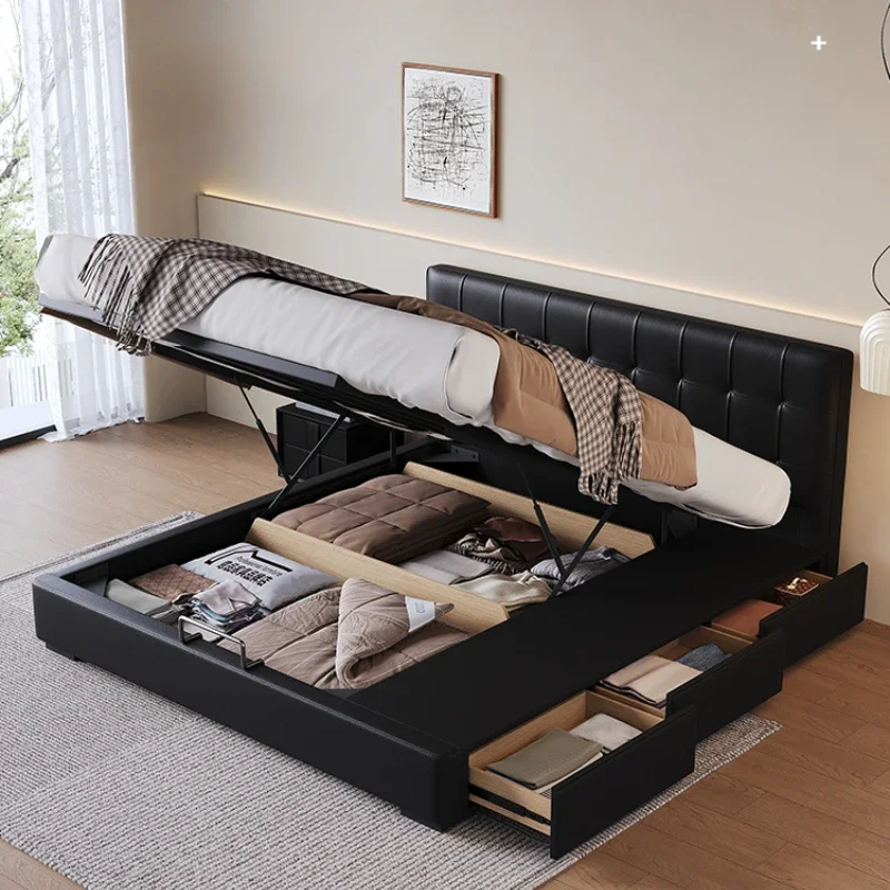 

Luxury Adults Leather Double Bed Storage Space Modern Queen Loft Double Bed Bedroom Frames Camas De Dormitorio Home Furniture