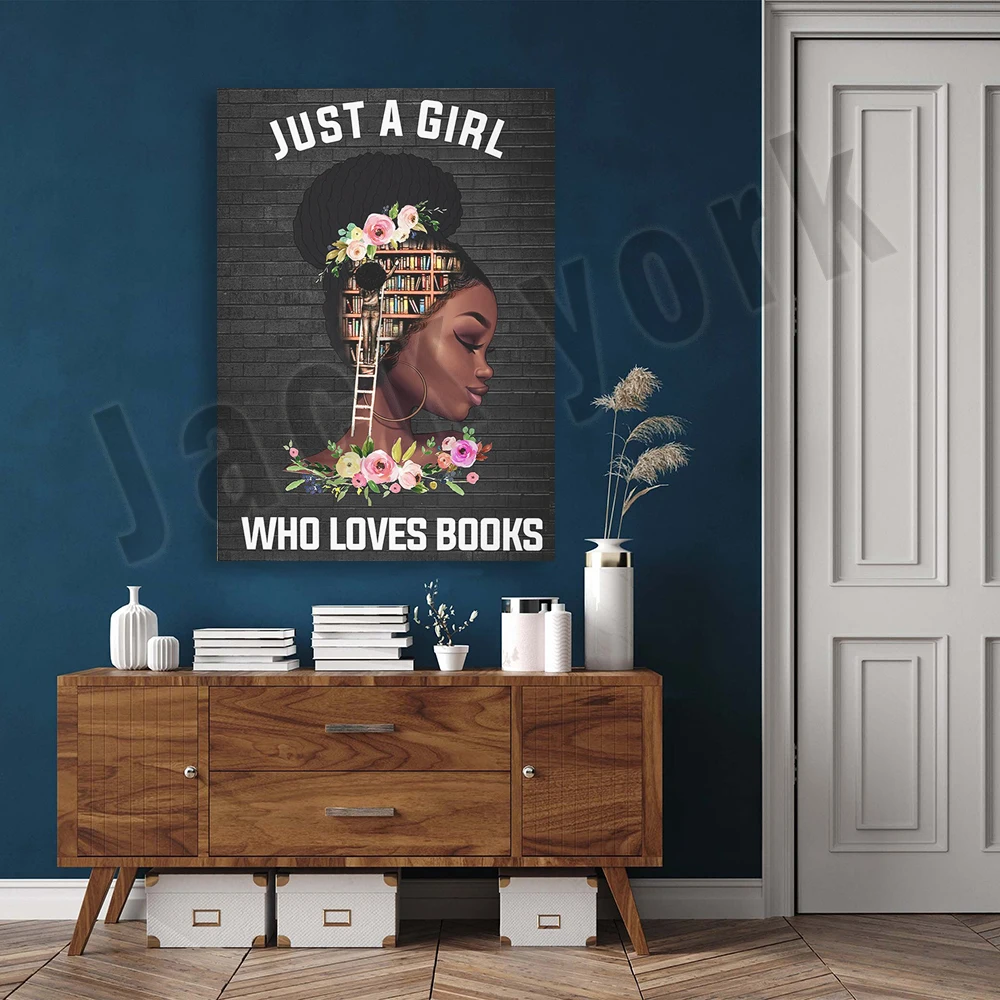 Just a girl who loves books poster, nerd black woman book header, library decoration, black woman loves book lover gift,