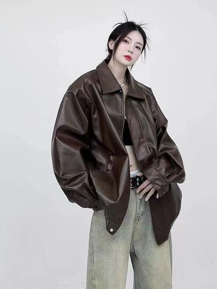 

American Vintage PU Leather Coats Solid Color Long Sleeve Pockets Jackets Casual Loose Streetwear 2025 Autumn New Women Clothing