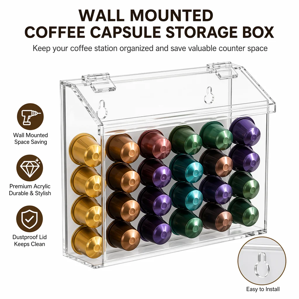 Acrylic Coffee Capsule Organizer Wall-Mounted Or Desktop Dual-Use Storage Box for Home And Kitchen Organization