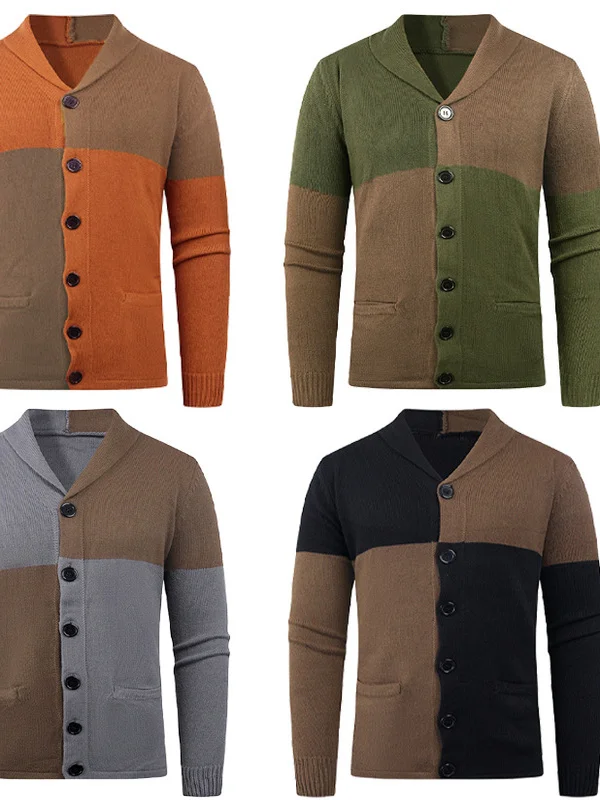 

Мужской модный вязаный кардиган с цветными блоками, длинными рукавами, отложным воротником, осенне-зимнее пальто из полиэфирного волокна