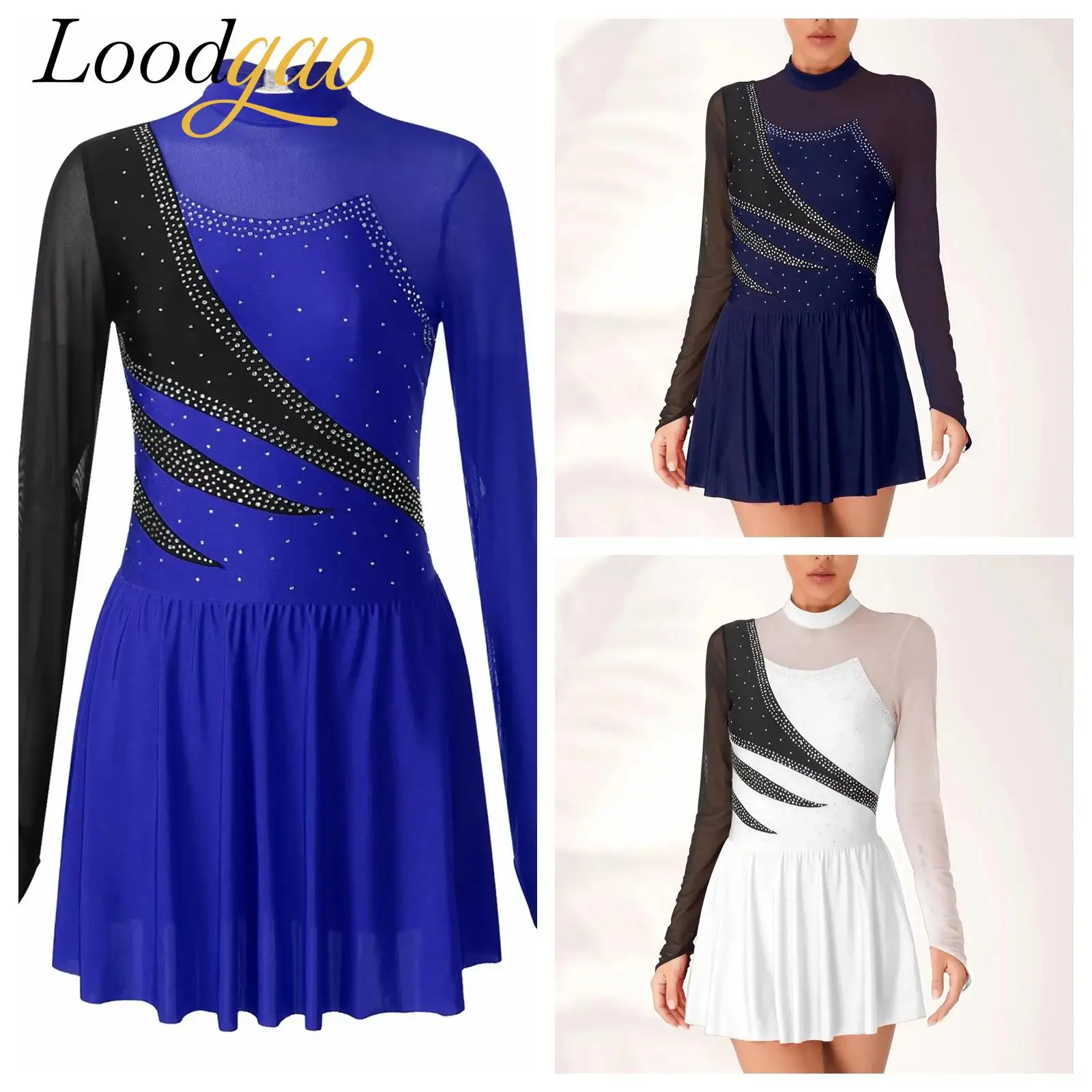 

Women's Sheer Mesh Dance Leotard Dress Adults Ballet Dance Costume for Dancing Competition Rhinestone Figure Skating Clothes