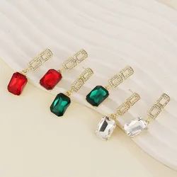 Shiny Big Red Green Zircon Square Stone Earrings Crystal Dangle Earrings for Women Antique Gold Color Engagement Bride Jewelry