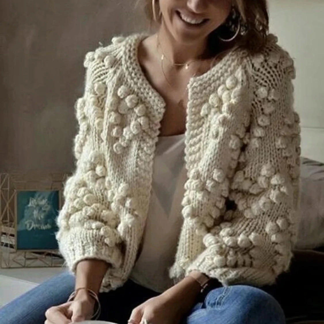 

Handmade Knitted Sweater Women Coat V Neck Long Sleeve Oversized Cardigans Female Autumn Winter Warm sweaters Boho Jumper Pull