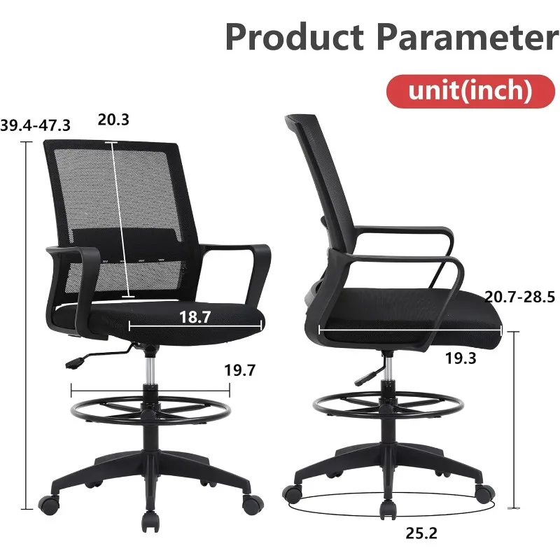 Adjustable Mesh Drafting Stool Tall, Swivel Office Chair with Lumbar Support & Footrest for Desk Work