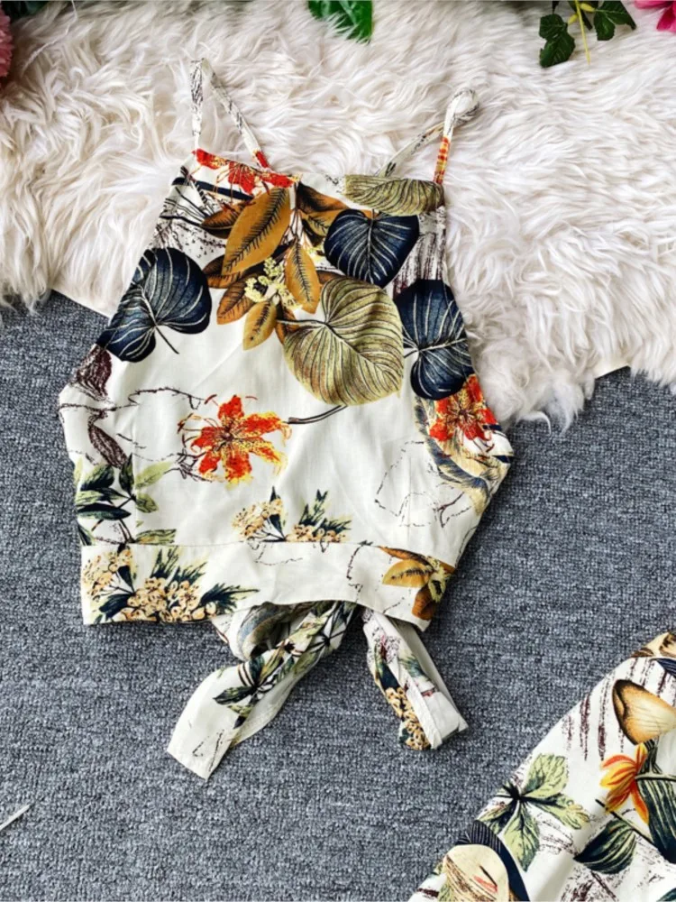 Summer Elegant Floral Skirts Suit Women Spaghetti Strap Tanks Top High Waist Saya Two Pieces Set Female Beach Occasion Clothes