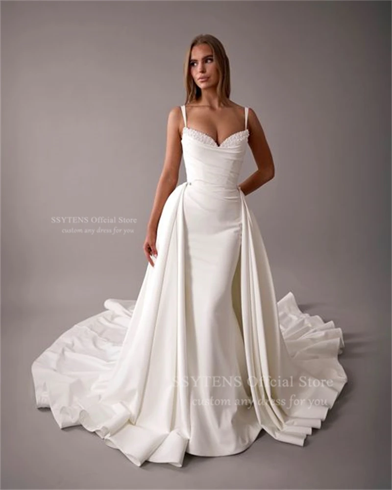 Robe de Mariée Sirène Élégante avec Bretelles Spaghetti, Tenue de Mariage avec Poignées Personnalisées, Longueur au Sol avec Traîne Amovible, pour Patients, Quelle que soit la Robe