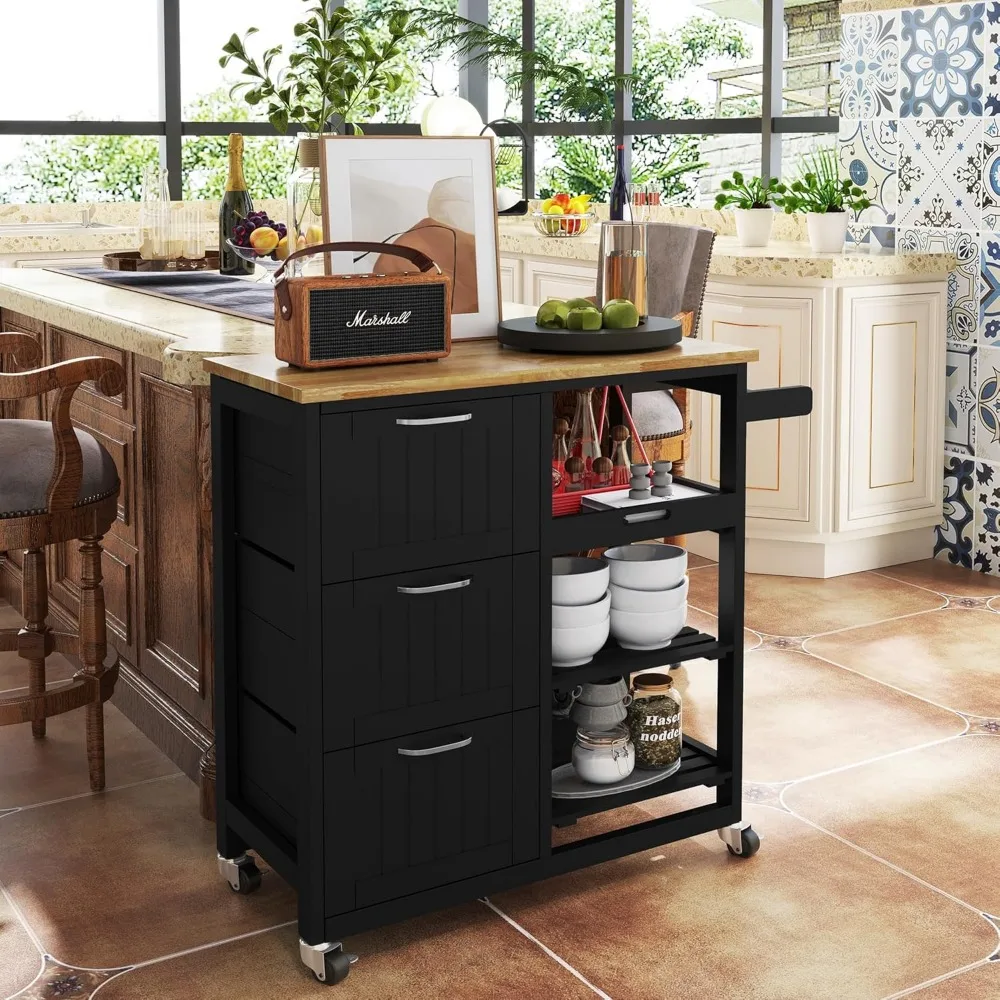 Kitchen island cart, industrial kitchen bar and service cart with rolling wheels with 3-tier wine rack and three storage drawers