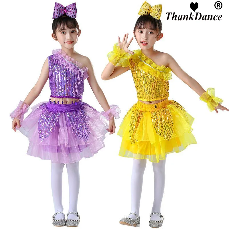 

Kids Modern Dance Dress Girls Stage Clothes 2Pcs Jazz Dance Outfit Costume Sequin Crop Top Skirt Cheerleading Performance