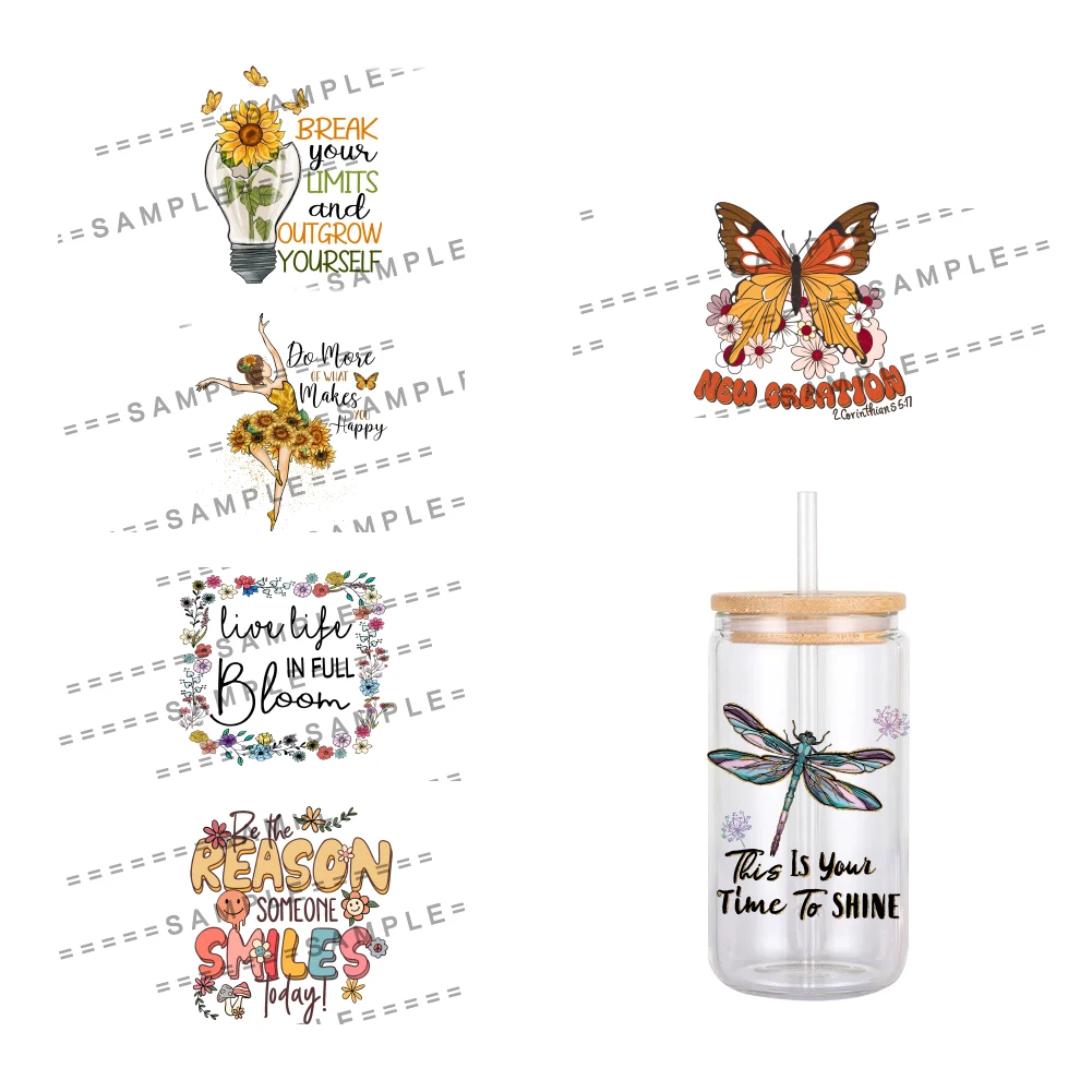 11x12cm Words  Flowers With Saying Pattern UV DTF Waterproof Transfers Decals For 16oz Glass Cup Wrap Stickers