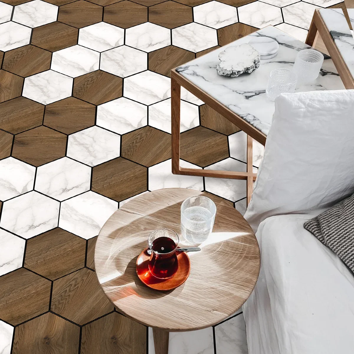 Pegatinas de suelo hexagonales autoadhesivas de grano de madera de mármol, decoración del hogar impermeable, pegatinas de suelo de mosaico de arte hexagonal