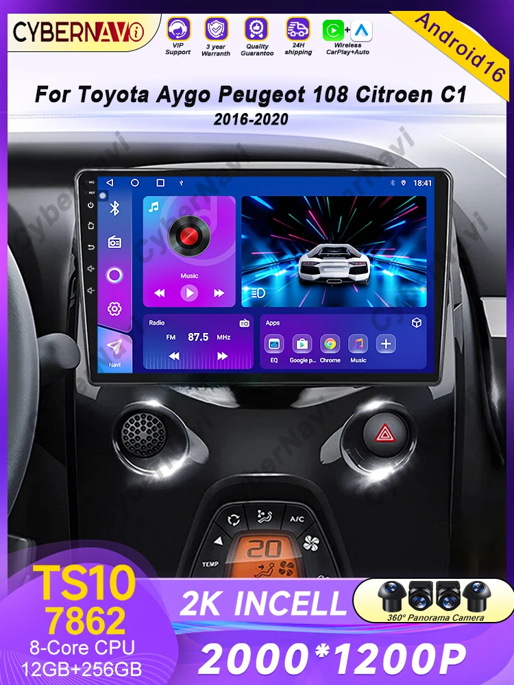 Autoradio Android navigatie GPS Android Auto stereo Carplay scherm No2 DIN DOM voor Toyota Aygo Peugeot 108 Citroen C1 2016-2020 - afbeelding 2