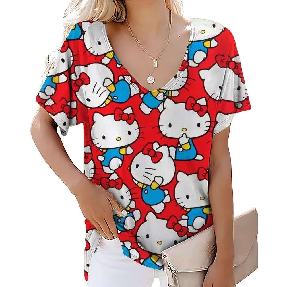 Minimalist New Summer High Quality Hello Kitty Anime Print T-shirt Vibrant Street Leisure Women's V-neck Short Sleeved Top