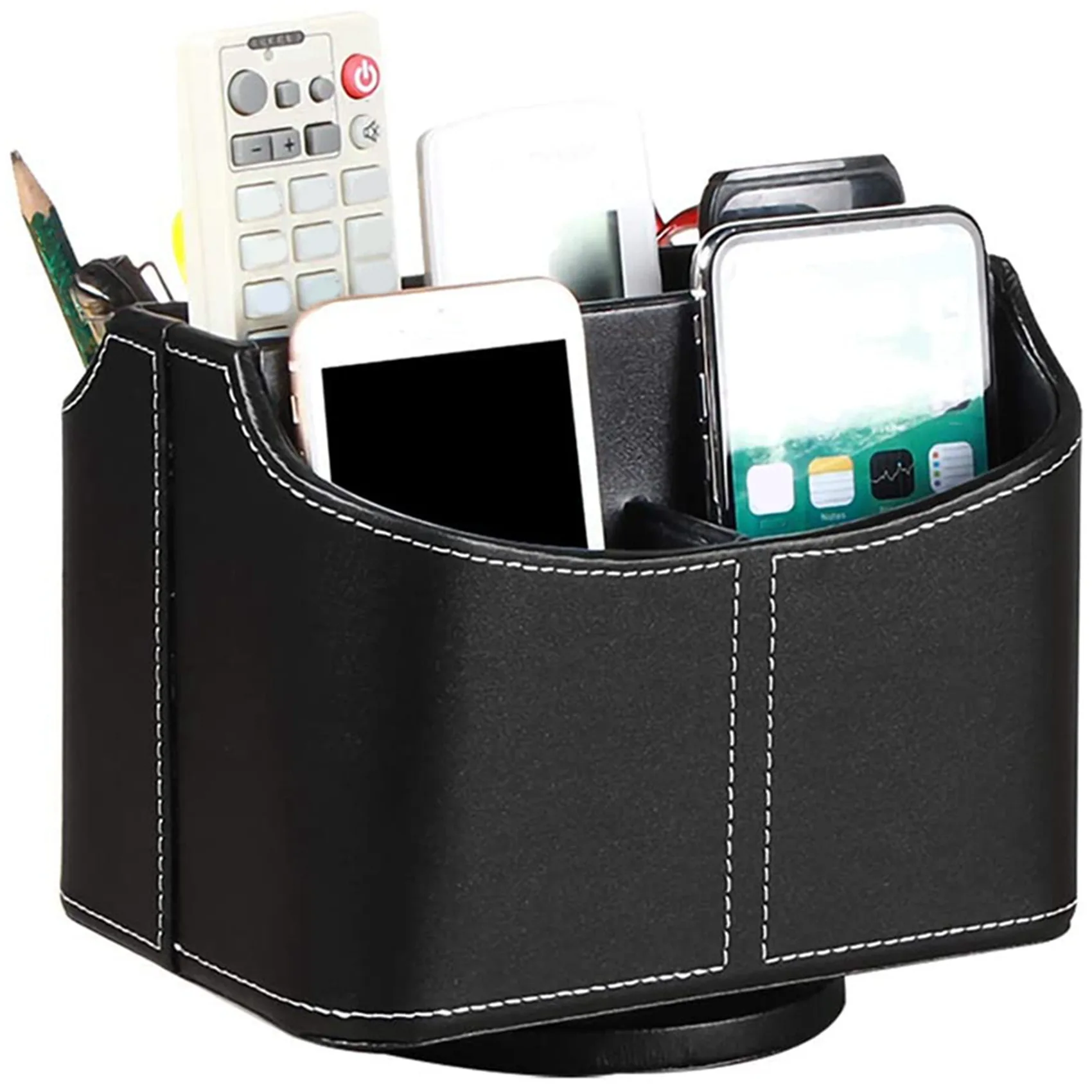A67M-2X Leather Remote Control Holder,360 Degree Spinning Desk TV Remote Caddy,Bedside Table Organizer