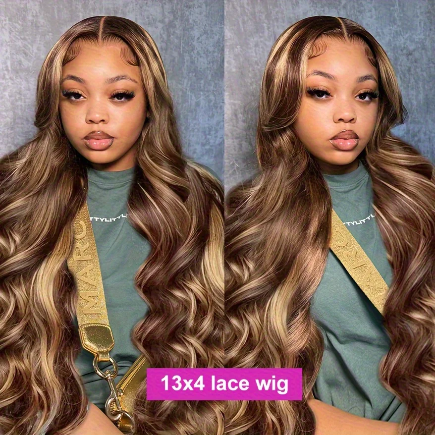 Peruca de Cabelo Humano Ombre Loiro Mel de 34 Polegadas com Densidade de 250% e Renda Frontal 13x4 HD, Ondas Corporais 4/27