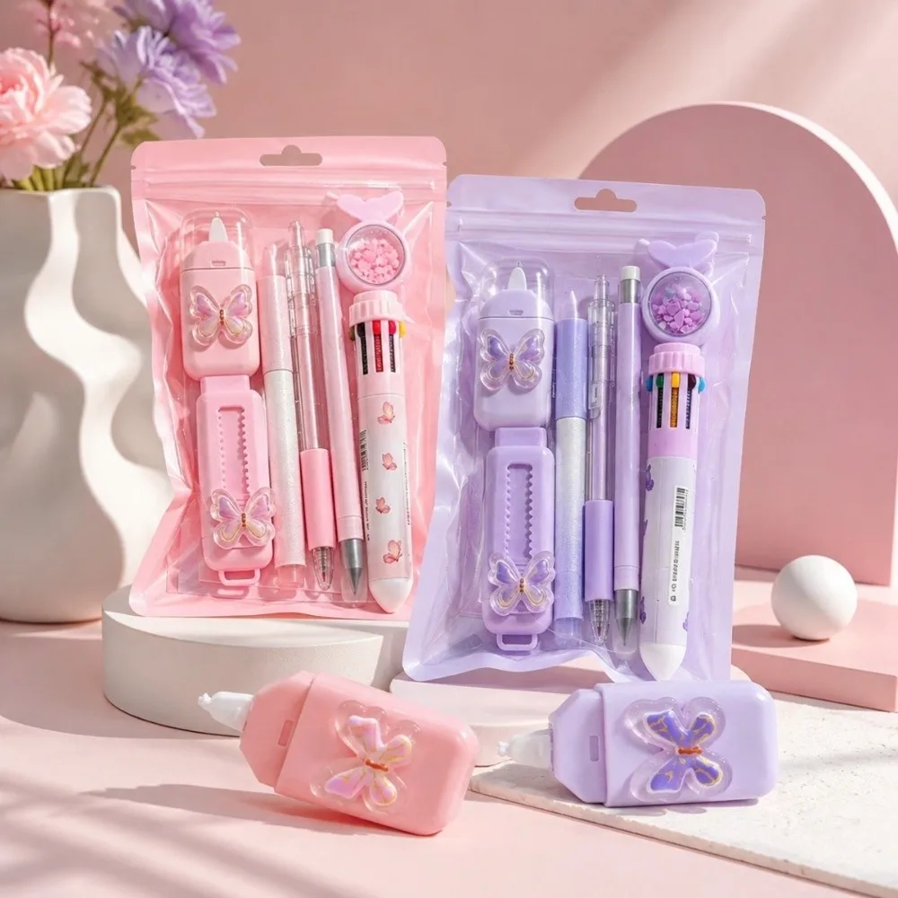 Practical 7 in 1 Stationery Set Butterfly Themed Complete Stationery Gel Pen School Writing Kit Correction Tape Students