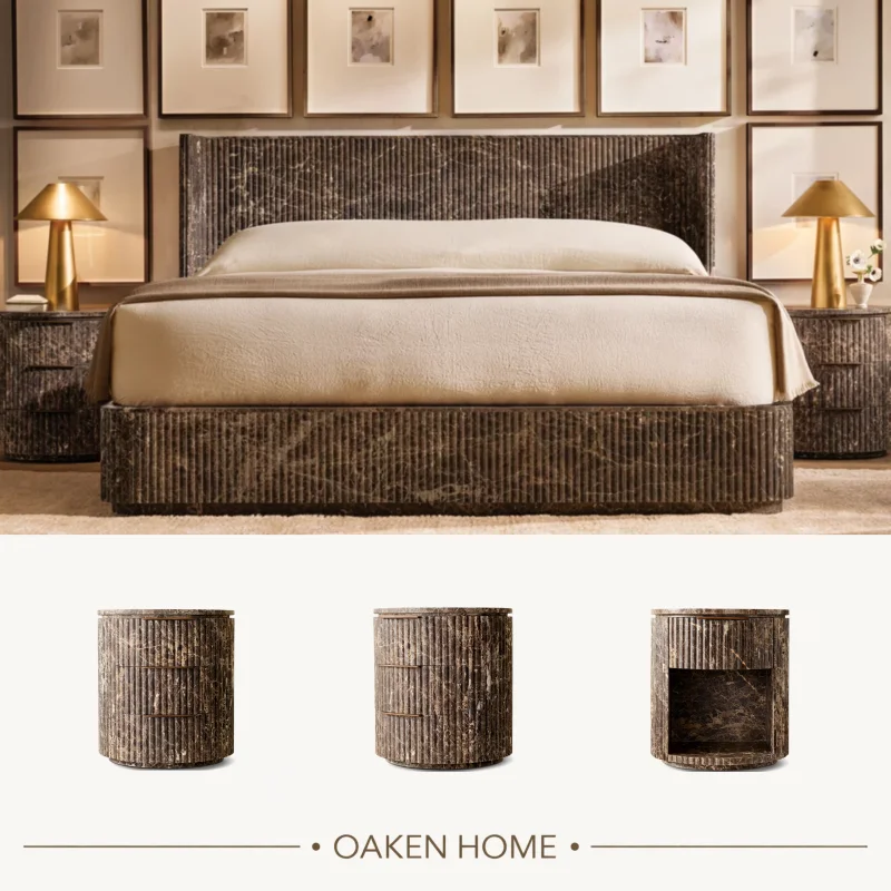 OAKEN Luxury Bedroom Round Marble Nightstand Fluted Marble Cabinet 3 Drawers Bedside Table Reeded Stone Closed Nightstand
