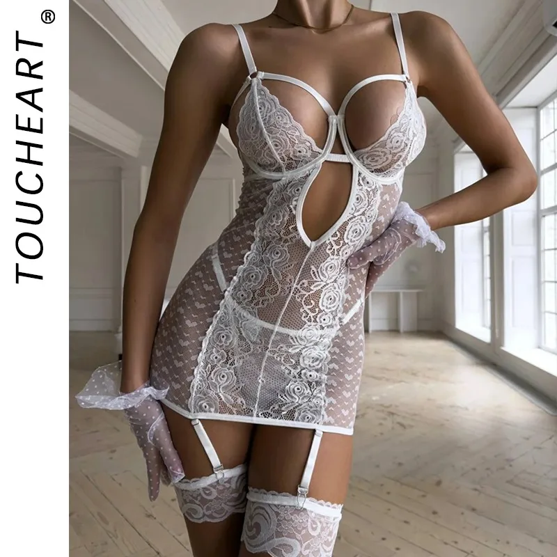 

Toucheart Erotic Lingerie Thong Lace See-through Suspender Skirt Cross Backless Women Delicate Seductive Hollow Intimate Pajamas