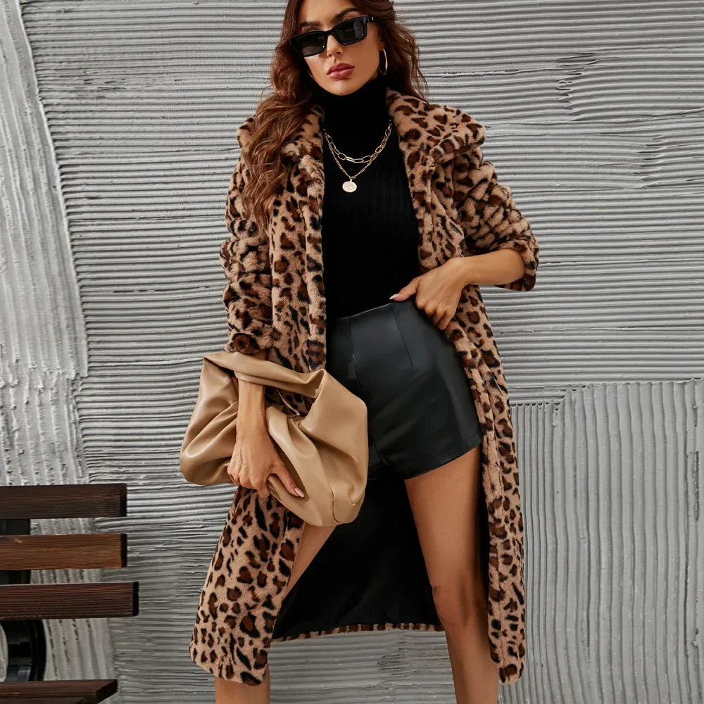 

WomenLeopard Faux Fur Coat Long Coats Turn Down Collar Long Sleeve Autumn Winter High Waist Loose Maxi Elegant Mom Jacket