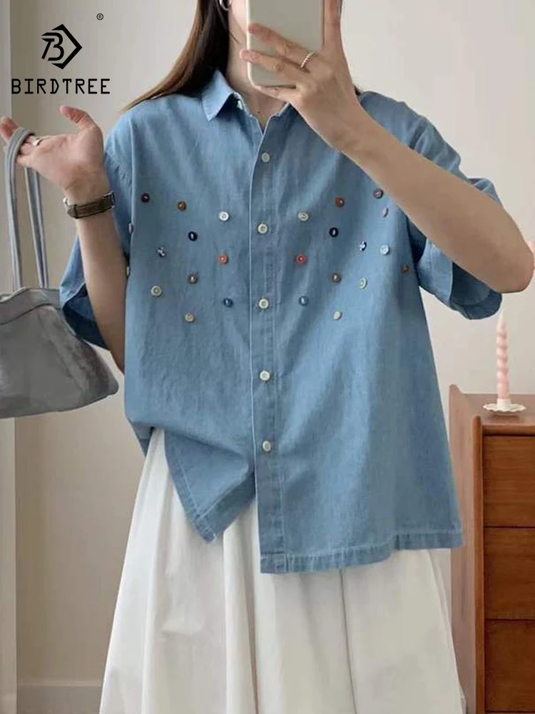 

New 2025 Summer Short Sleeve Denim Shirt, Women Turn-down Collar Colorful Buttons, Mori Girl Retro Commute Loose Blouse T55075CC