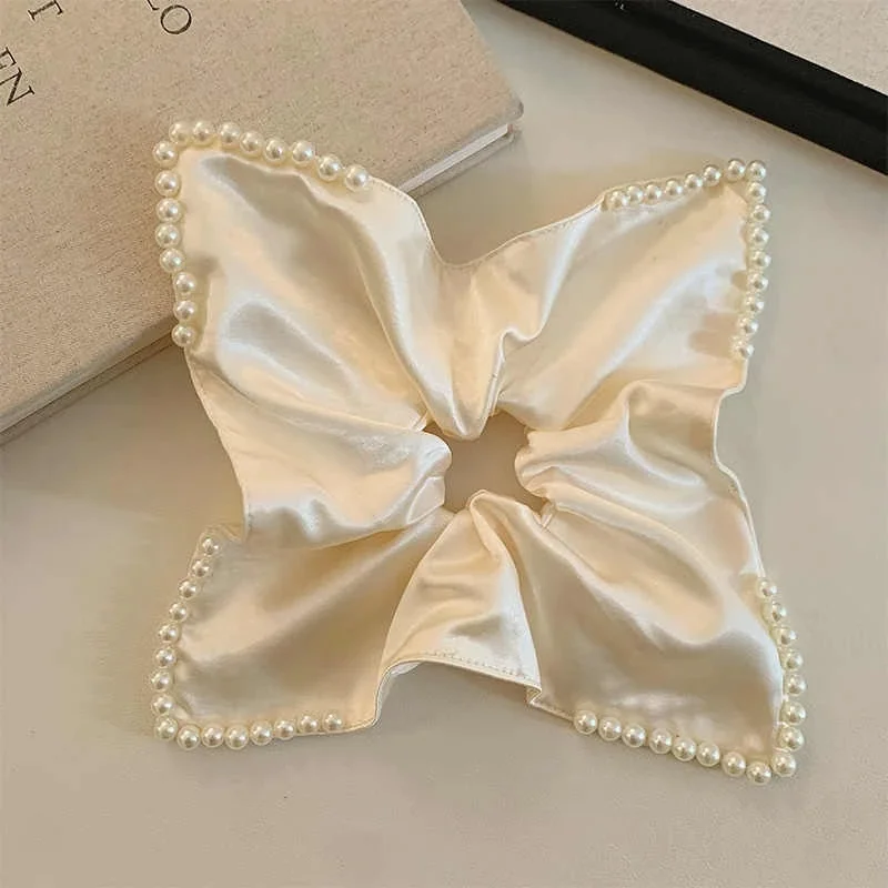 YK2 ريترو ستايل أنيق أبيض لؤلؤي مربع وشاح الشعر القوس عقال للنساء - الصيف ربط الشعر رئيس التفاف حبل الشعر