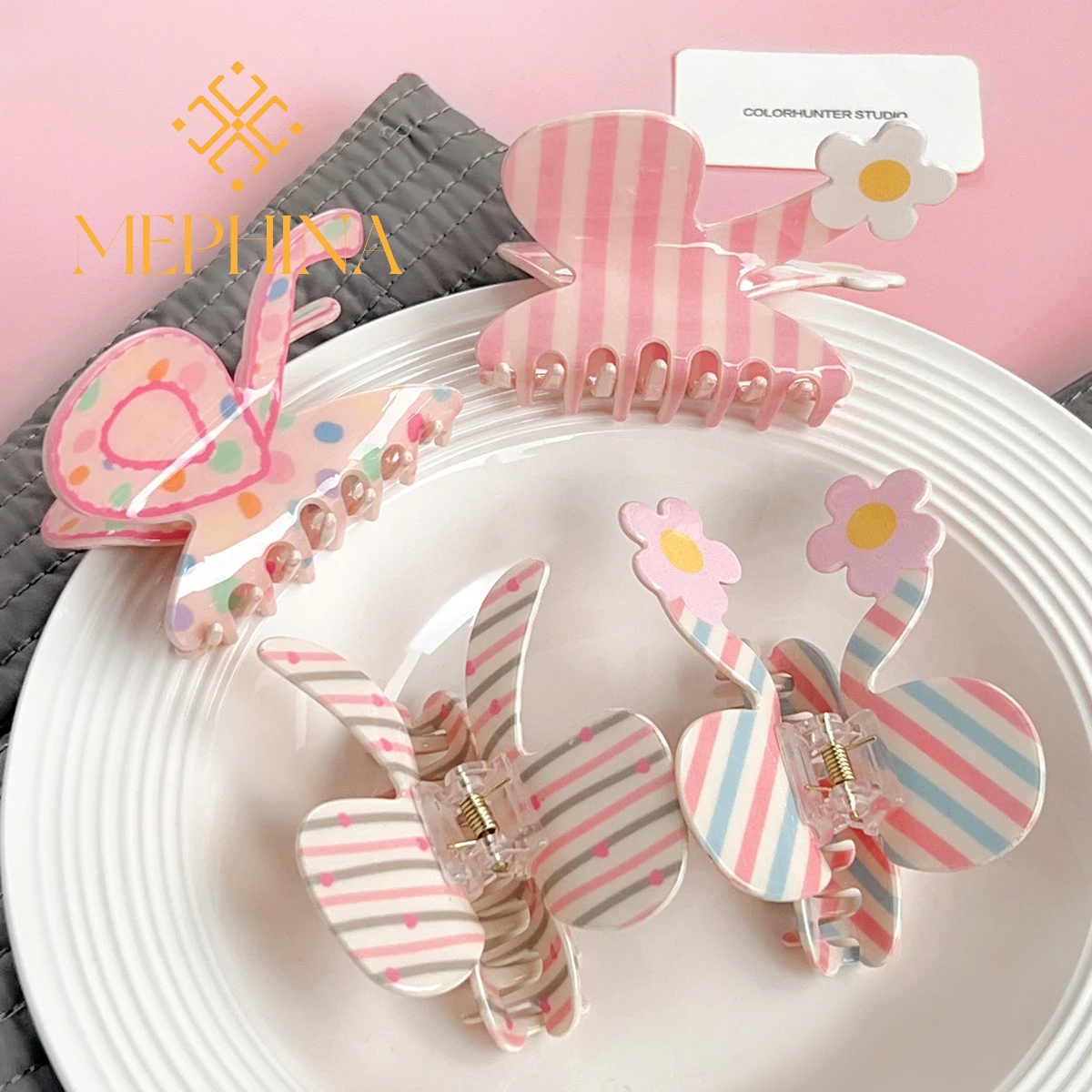 

MEPHINA Cute Hair Claw Clips Candy Color Hair Claws Stripes Hair Clips Butterfly Hair Claw Unique Hair Pin Accessories for Women