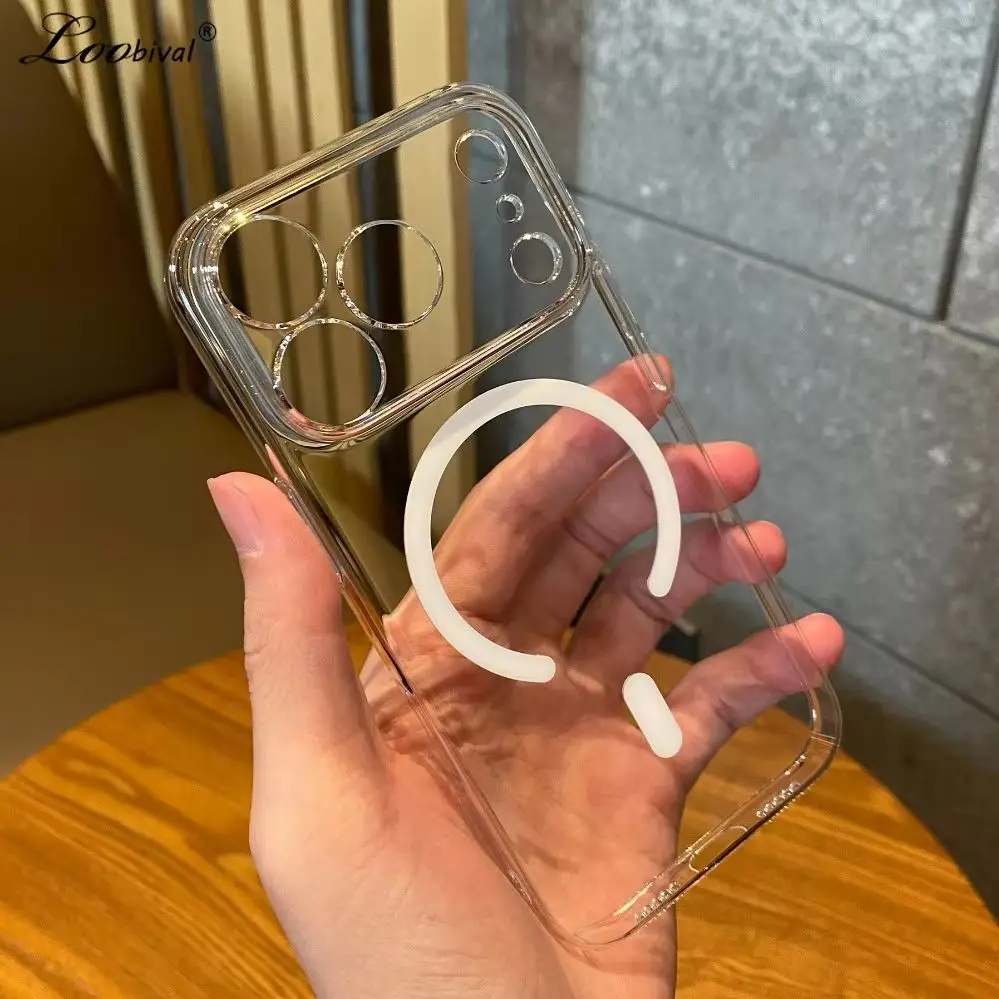 Funda Transparente Delgada de Lujo para Magsafe para iPhone 14 15 16 17 Pro Max 13 Air, Magnética, Rígida, Ultrafina y Transparente