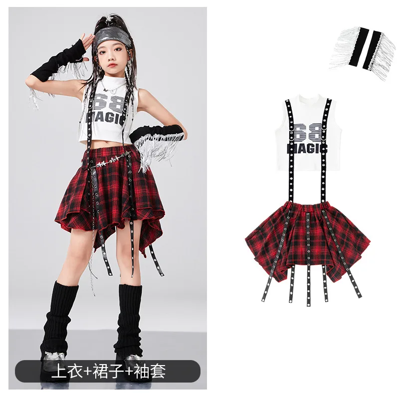 Hip Hop Ragazze Crop Top Plaid Gonna da ballo di strada Bambini Gonne a pieghe con nastro Adolescenti Jazz Costumi fantastici Bambino Streetwear Set di vestiti