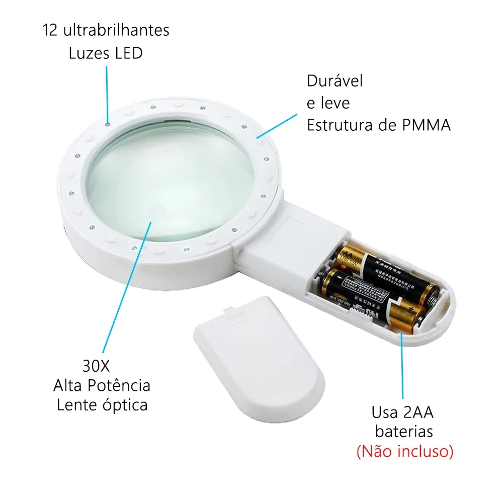 30X Handheld Magnifier 12 LED Illuminated Magnifying Glass with Light for Seniors Reading Inspection Coins Jewelry Watch Repair