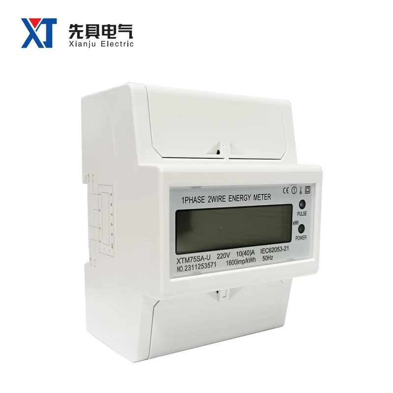 XTM75SA-U Energy Meter Single Phase 4P 2 Wire LCD Display Pulse Port 35mm DIN Rail Type 1600imp/KWH White 65*75*100mm