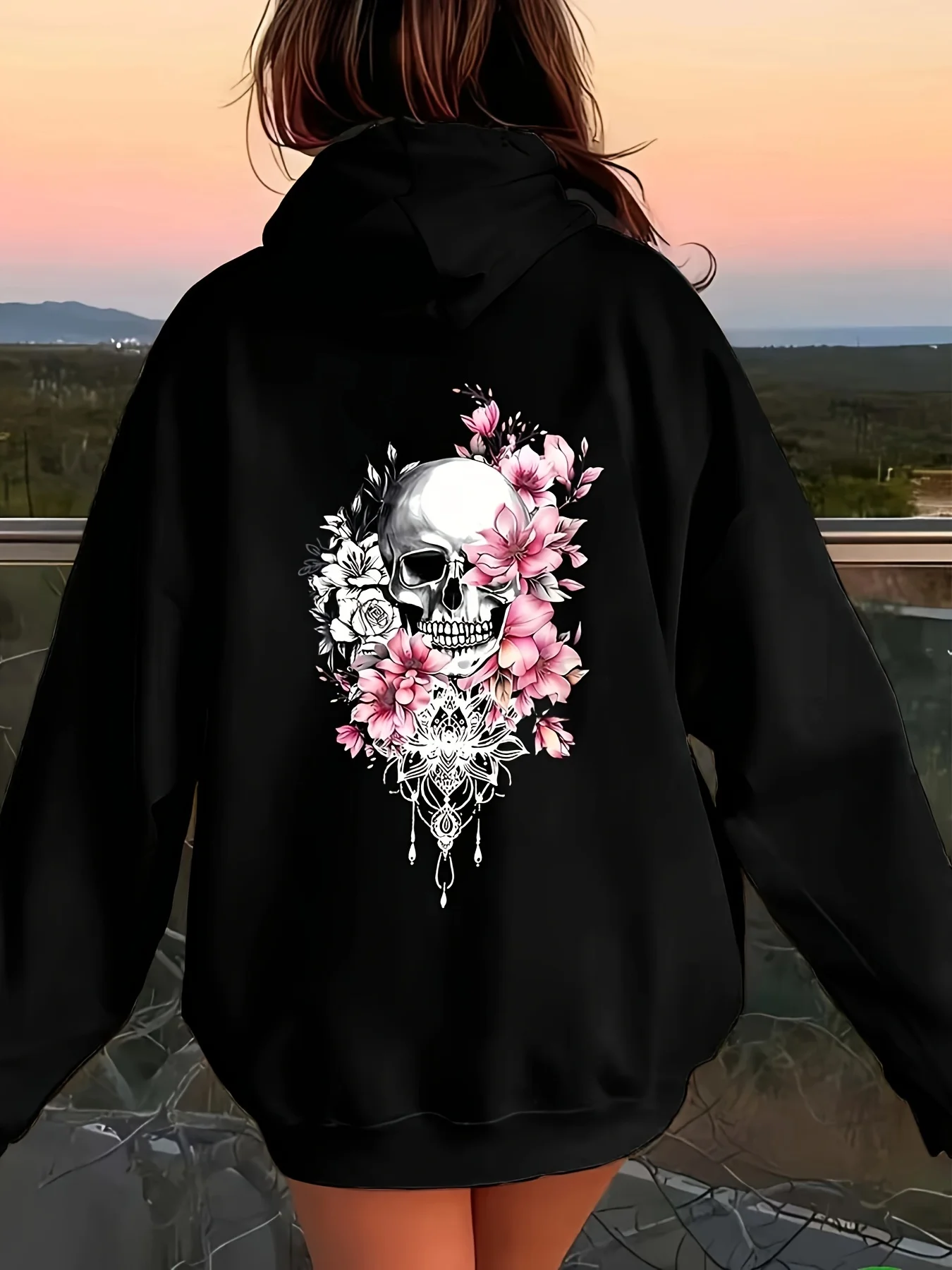 Women's Halloween Horror Skull Lotus Flower Print Stylish Casual Hoodie - Women's Clothing Promotion hoodies women