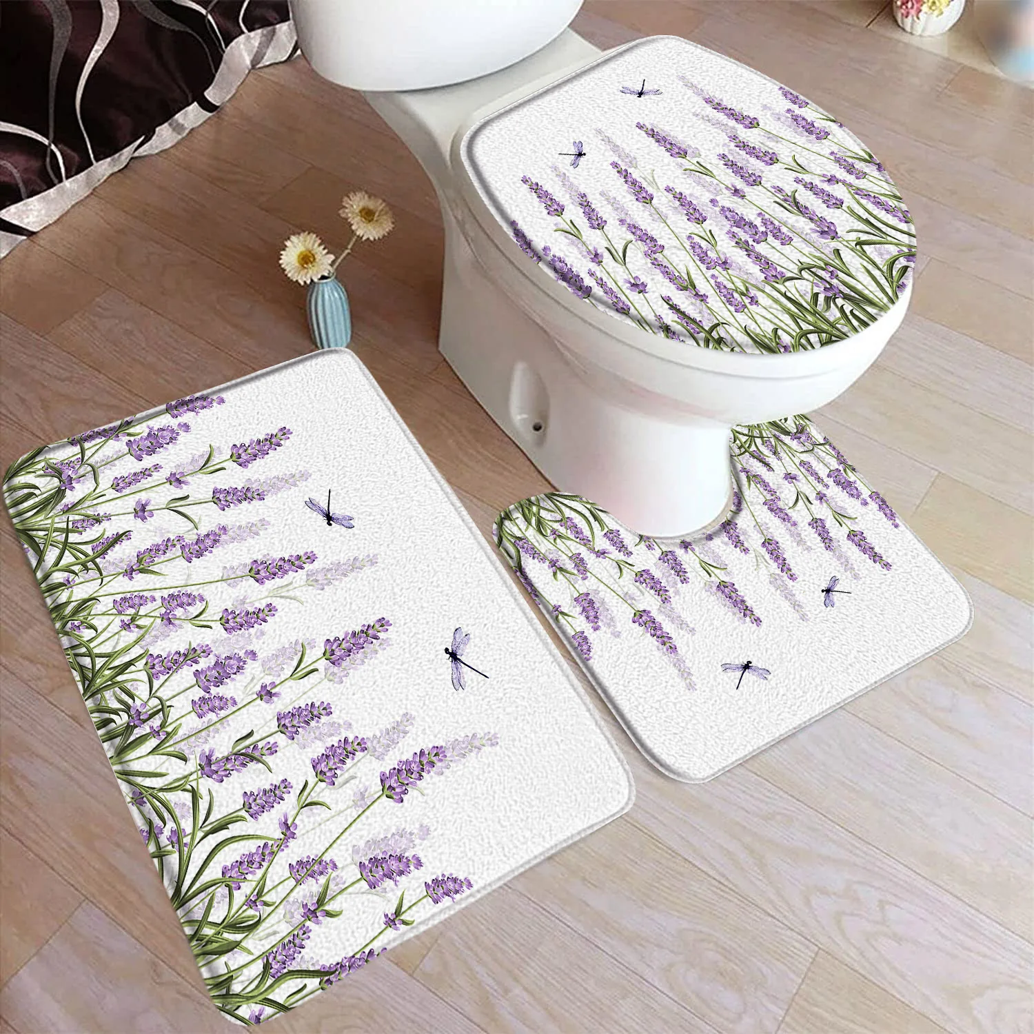 Purple Lavender Bath Mat Set Dragonfly Rustic Floral Plant Grey Wooden Board Home Bathroom Decor Floor Rugs U-Mats Toilet Cover