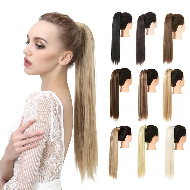 Extensiones de cola de caballo recta para mujeres y niñas, pieza de cabello marrón medio sintético envolvente, postizos