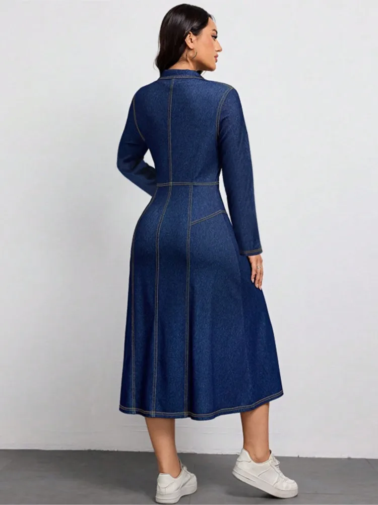 Denim Autumn Shirts Dress Women Slim High Waist Retro Fashion Ladies Shirts Dresses Ruffle Pleated Woman Dress