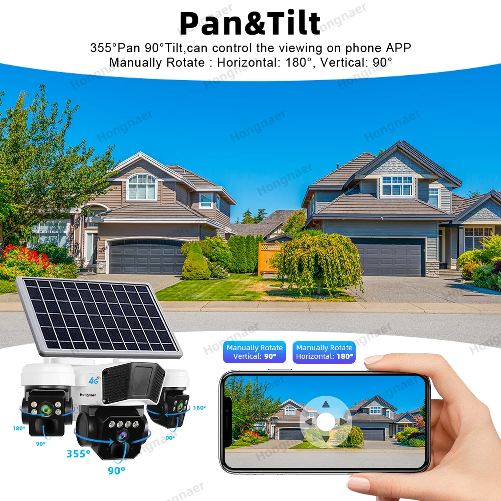 كاميرا Hongnaer 12MP ثلاثية العدسات 4G لاسلكية تعمل بالطاقة الشمسية PTZ IP O-KAM Pro للأمن الخارجي CCTV 4G بطاقة Sim كاميرا تعمل بالطاقة الشمسية