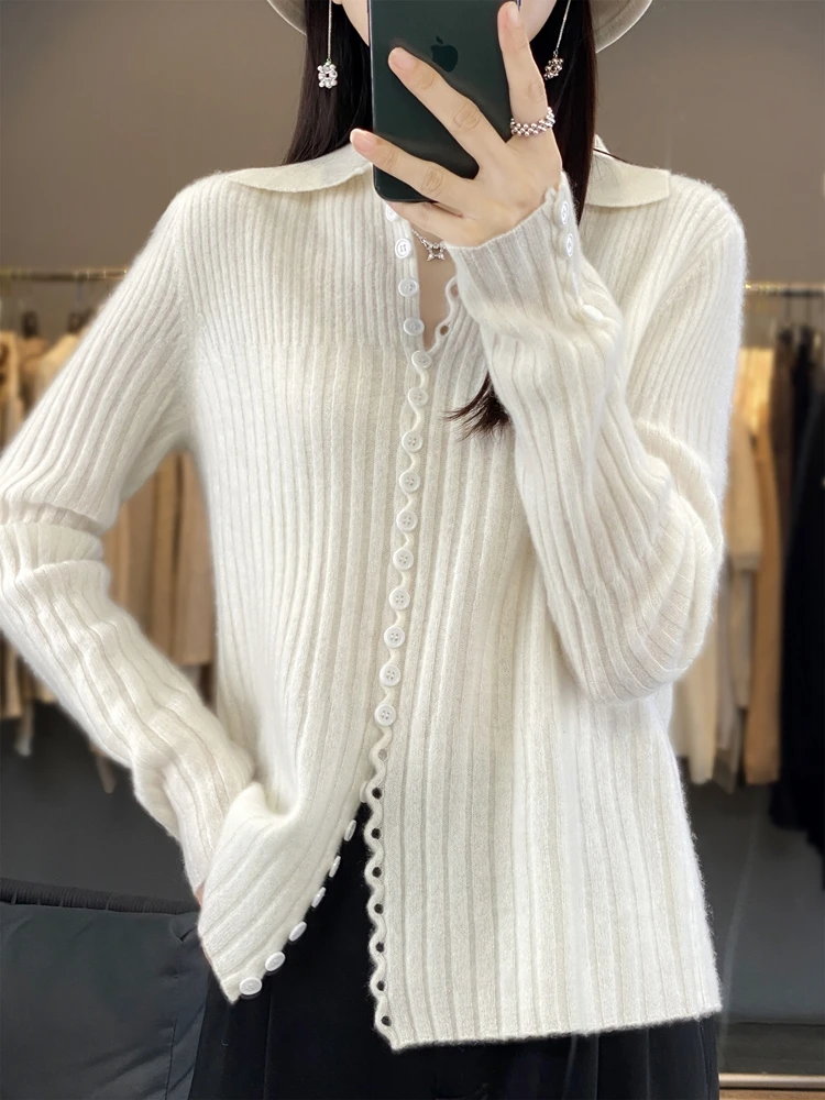 Women Cashmere Sweater Autumn Winter Cardigan 100% Merino Wool Knitwear Button Up Collar Female Grace Soft  Fashion Top