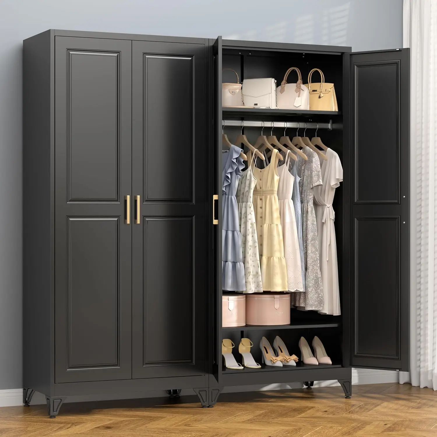Freestanding Tall Clothing Storage Cabinet, Heavy Duty, Hanging Rod, Magnetic Closure, for Bedroom, Office, Garage, Black