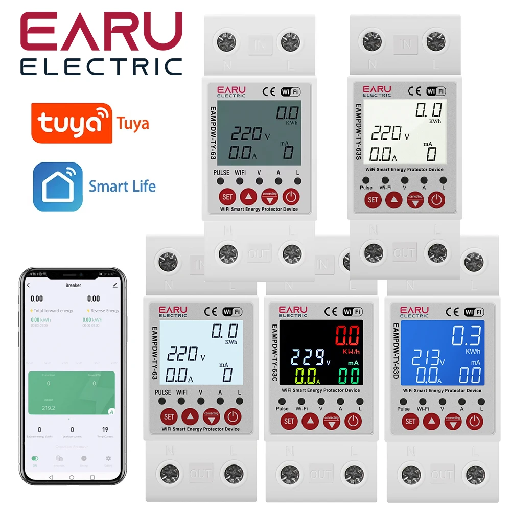 2P 63A 230V Tuya WiFi Smart Energy Meter Power kWh Meter Earth Leakage Over Under Voltage Protector Relay Device Switch Breaker