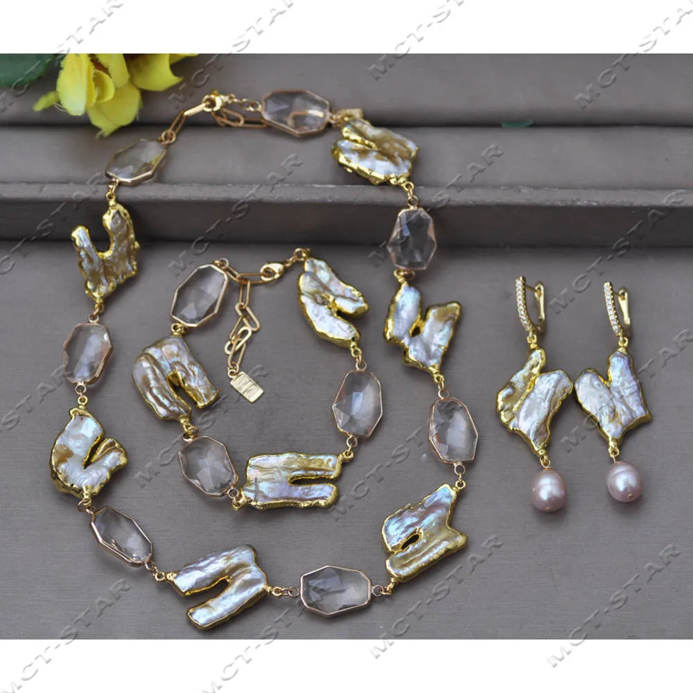 

Z14045 Set 18" 33mm Lavender Baroque Keshi Pearl Clean Faceted Crystal Necklace Bracelet Earring Custom Jewelry