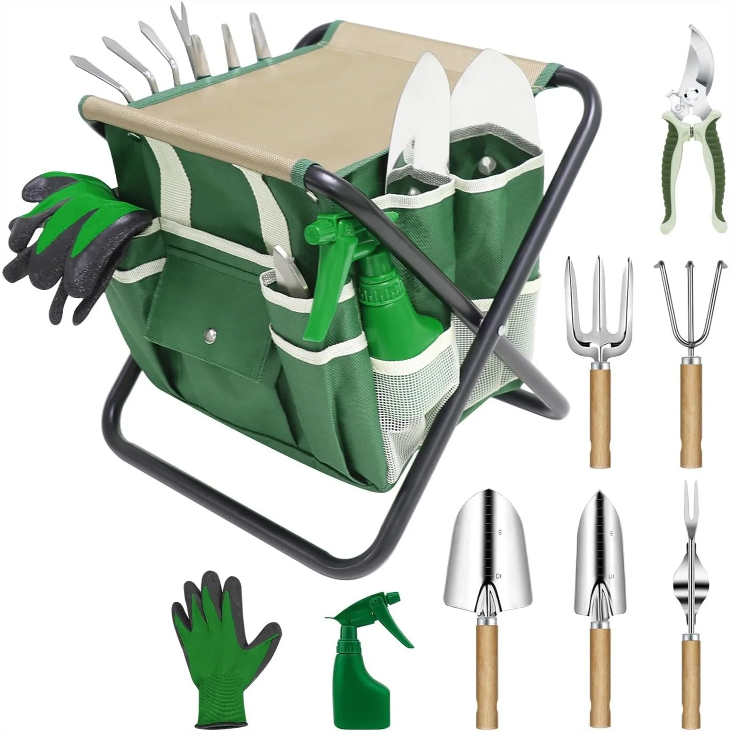 

10 Piece Garden Tool Set with Folding Stool, Detachable Storage Tote, Stainless Steel Tools for Gardening
