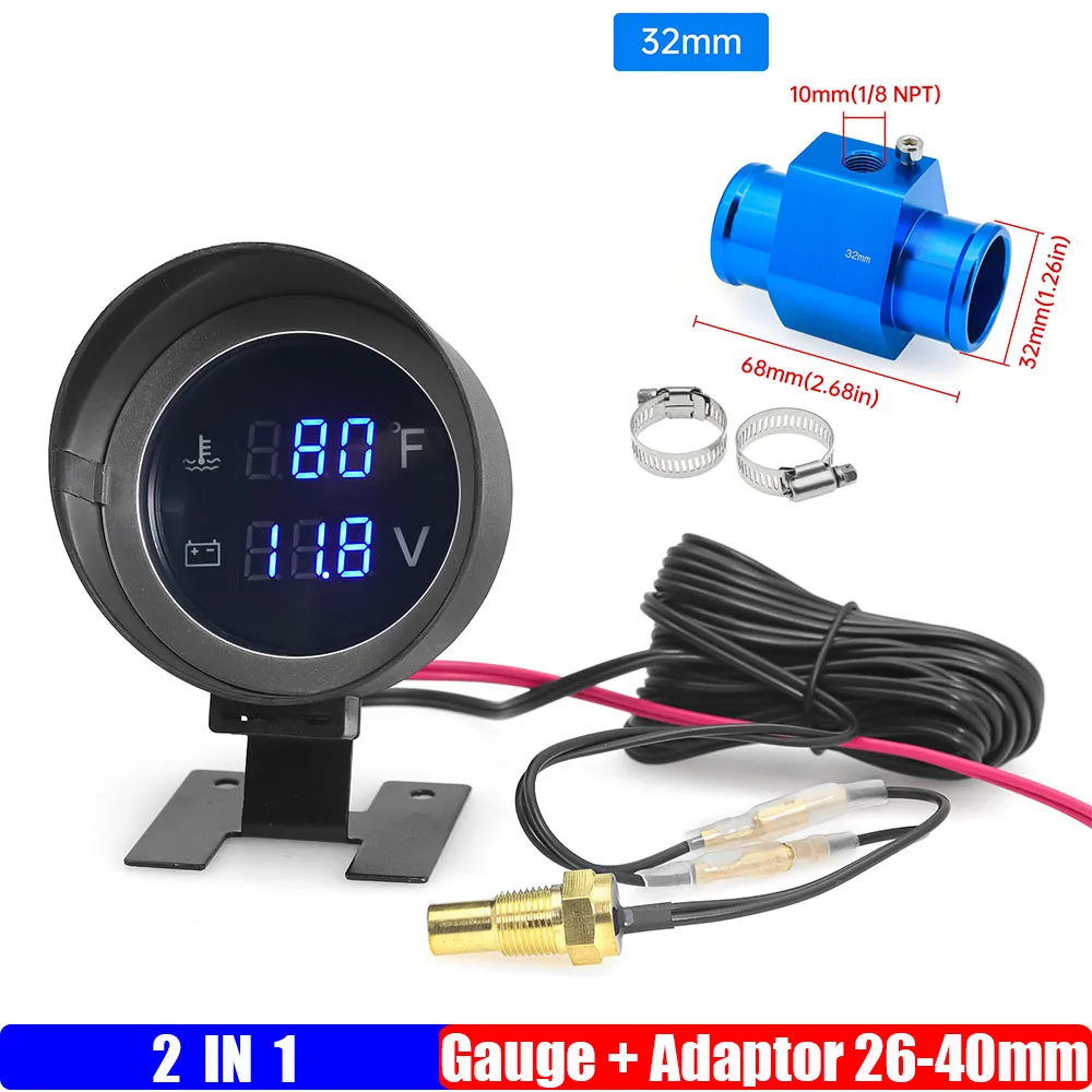 

2 IN 1 LCD Gauge Blue LED Digital Water Temperature Gauge+Voltmeter with Water Temp Joint Pipe Sensor for Car 12V 24V