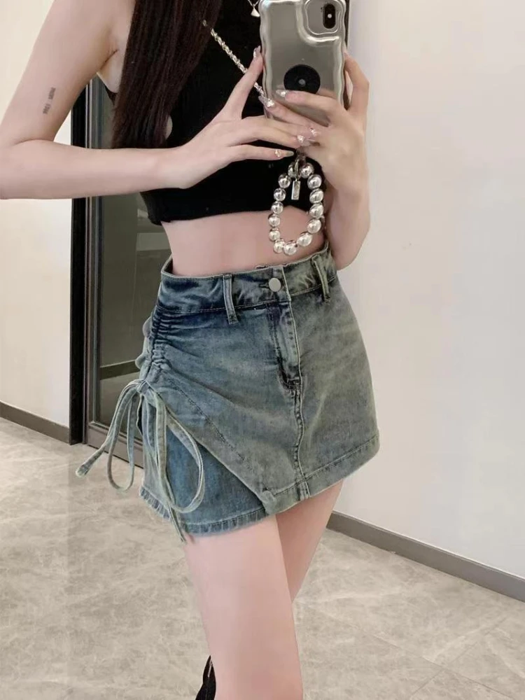 

Женская облегающая джинсовая юбка-шорты с высокой талией в винтажном стиле, модная летняя короткая юбка для стильных девушек, защита от просвечивания