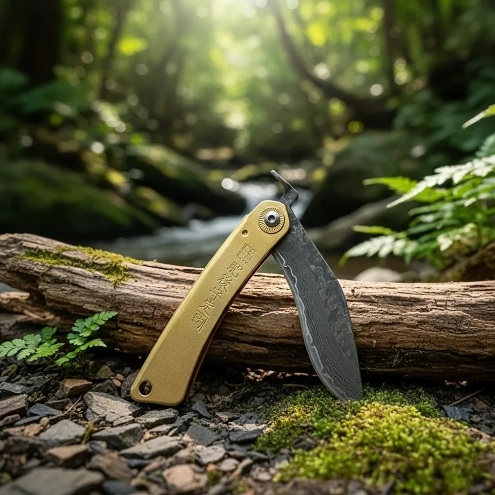 High Quality Pattern Folding Pocket Knife Brass Engraved Handle Collectible Outdoor Utility Knives