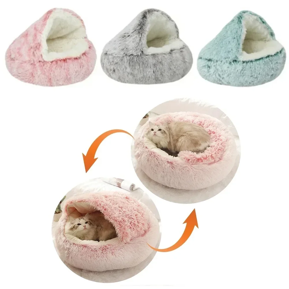 Plush Pet Cat Bed Round Cat Cushion Cat House 2 in 1 Autumn and Winter Warmth Comforts for Dogs and Cats Semi-enclosed Kennel