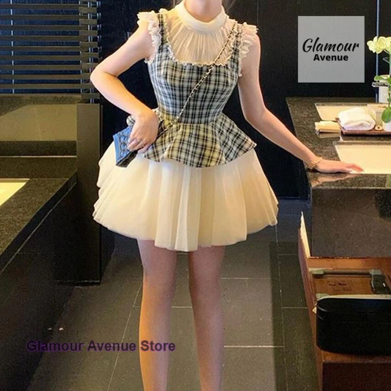 

Summer Korean ballet girl black and white plaid stitching advanced mesh yarn heavy industry design slim princess fluffy skirt