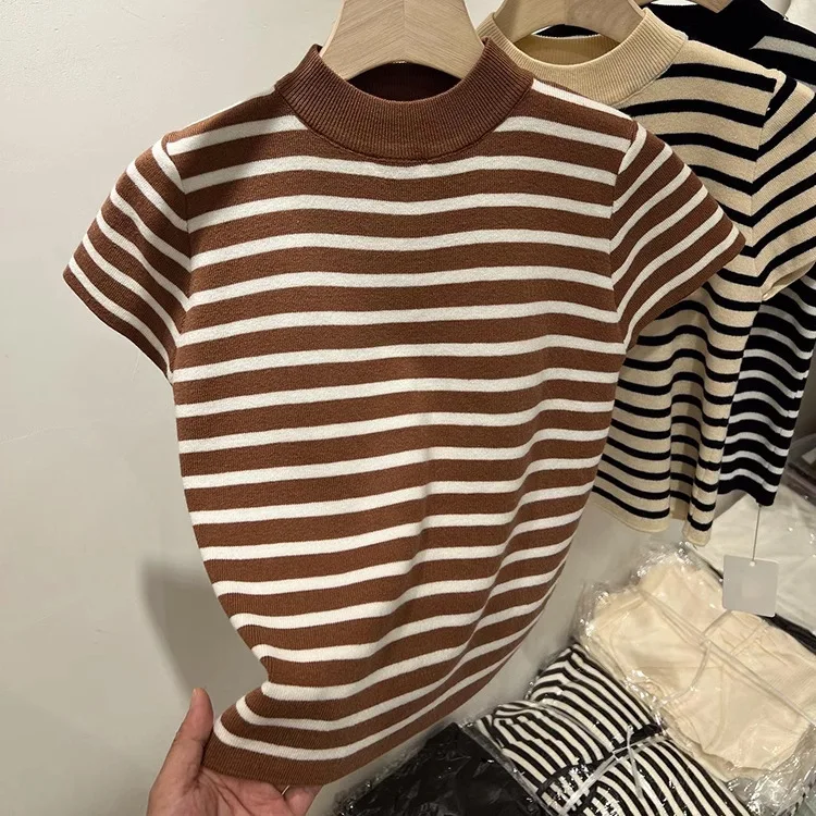 2026 Rollkragenpullover Gestreifter Pullover Slim Fit Oberteil Damen Frühling und Herbst Kurzarm Unterziehpullover – Detail 12